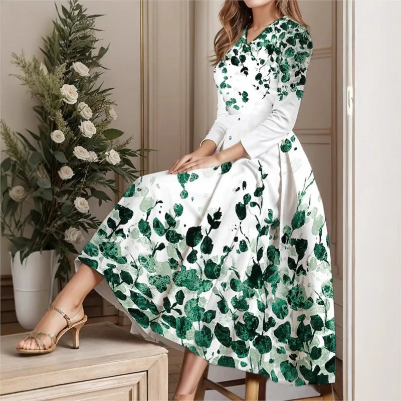 Ladies Autumn Winter Floral Print Vintage Long Dress Women's Long Sleeve V-neck Elegant Dresses Party Casual Evening Dress Women