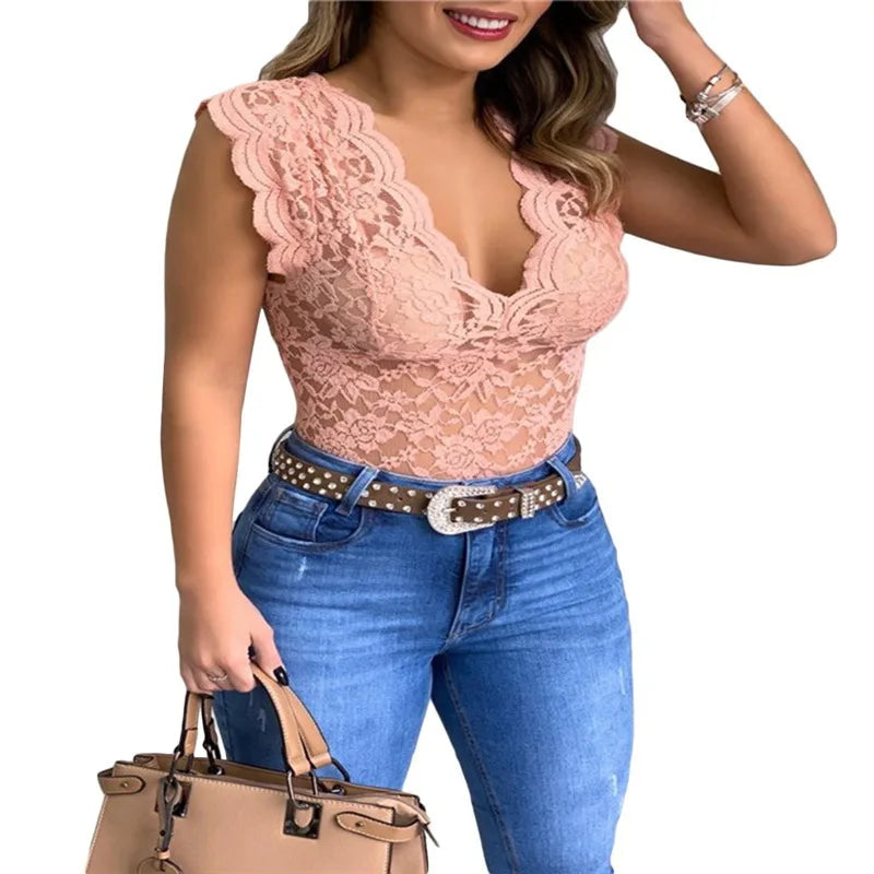 Sexy Deep V Neck Sleeveless Lace Blouse Shirts Summer Fashion Women Lace Patchwork Pullover Tops XCDZ-540738