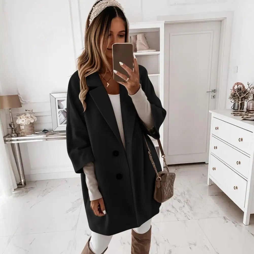 Fall Winter Women's Jacket 3/4 Long Sleeve Button Lapel Pocket Woolen Warm Jacket Coat Solid Color Thermal Fitted Cardigan Coat