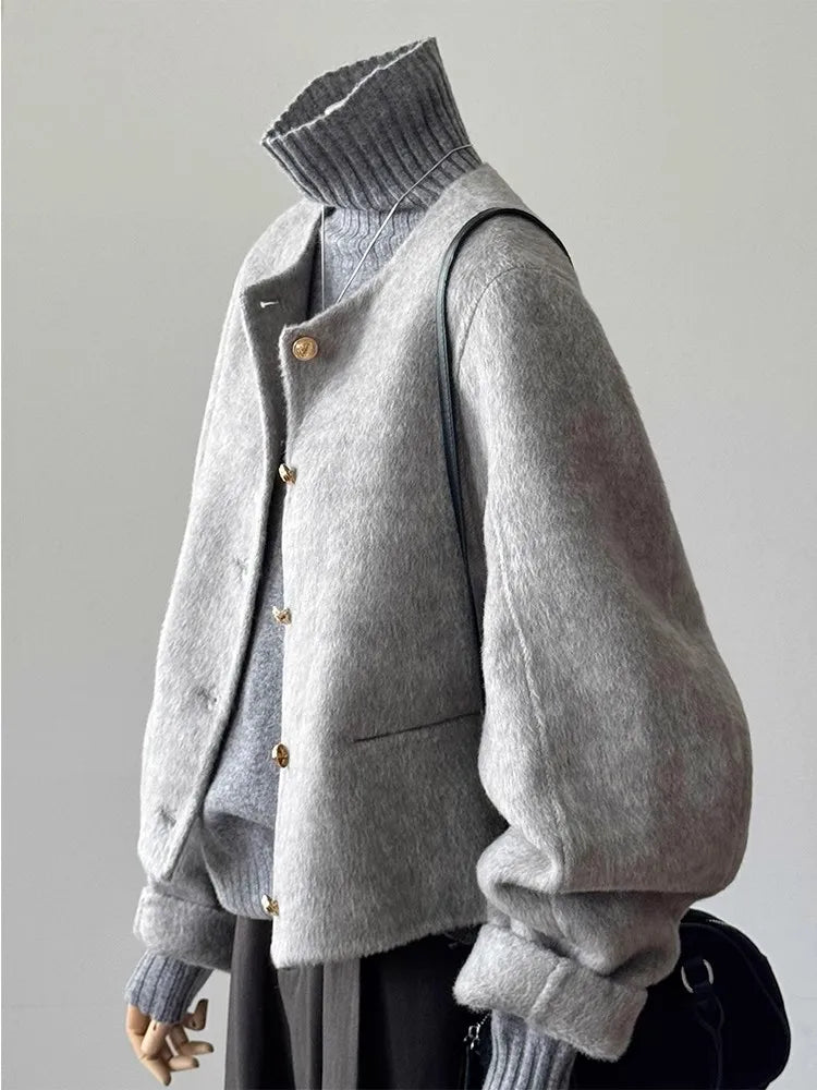 Single Breasted Woolen Jacket Women's Autumn Winter New Korean O-neck Short Solid  Outwear Fashion Long Sleeved Warm Top