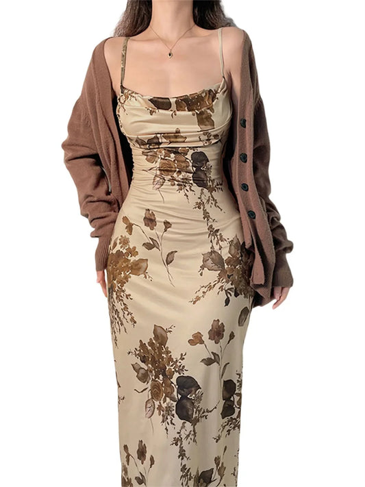 Women Summer Bodycon Dress Floral Print Sleeveless Spaghetti Strap Ruched  Camisole Dress Nightclub