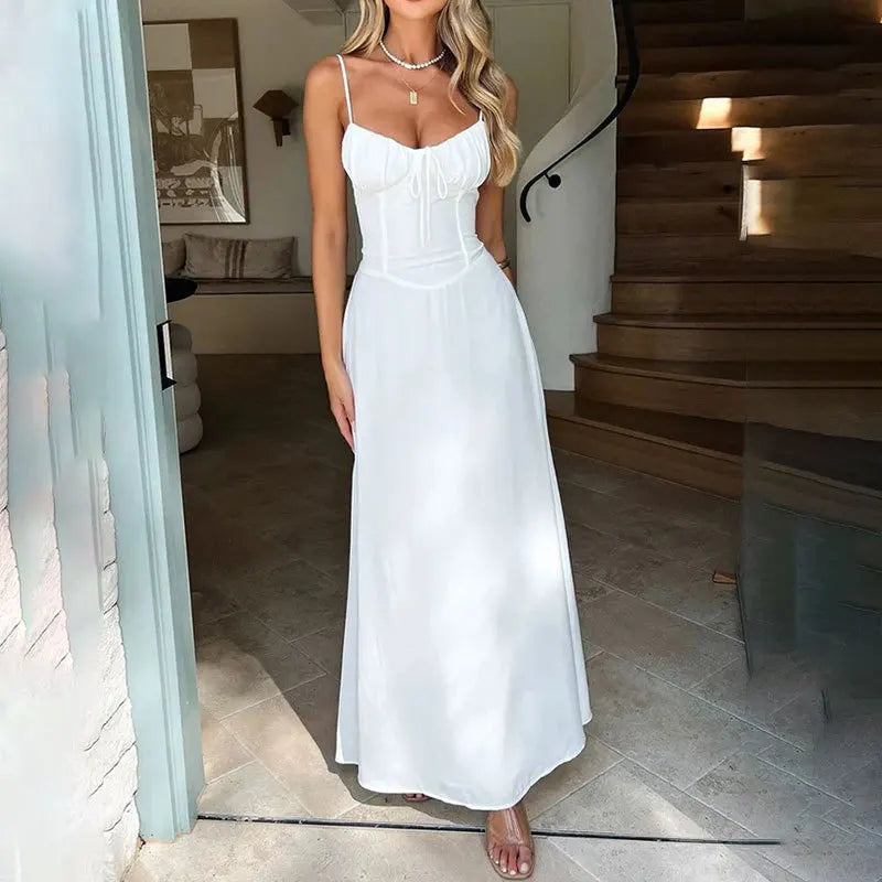 Sexy Solid Color Sleeveless Long Dress Women 2025 Summer Fashion Casual Elegant A-Line Dresses Beach Vacation Spaghetti Strap
