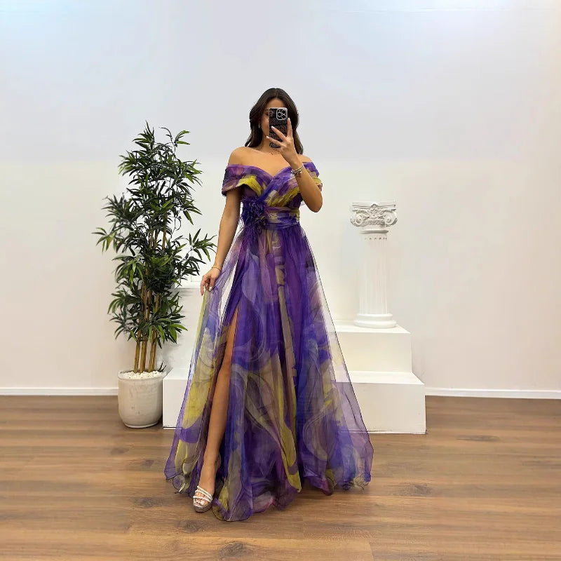 Elegant Formal Party Dress Elegant Tie-dye Ball Gown with Mesh Bubble Sleeves Split Hem Women's Evening Dress