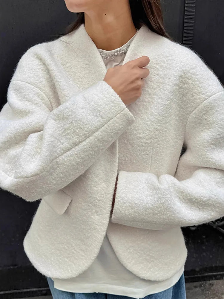 Elegant Lace Up Woolen Coat Women Solid Loose Lapel Furry Belt Long Sleeve Short Jacket 2025 Autumn Winter Lady Cardigan Outwear