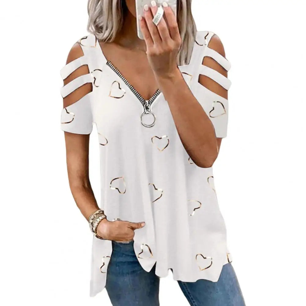Top V Neck Low-cut Hollow Out Short Sleeves T-shirt