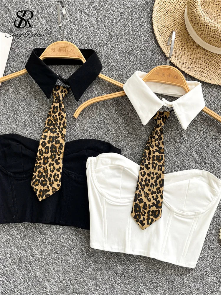 SINGREINY Female Retro Leopard Sensual Tank Tops Fashion Zipper Sheath Tank Top Women Halter Tie Streetwear Vintage Tank Tops