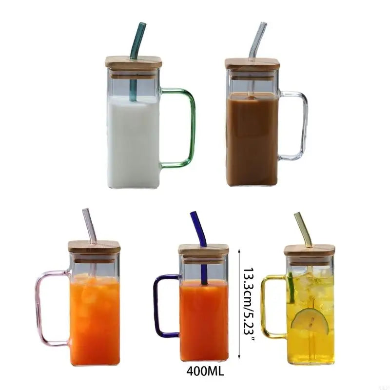 A52C Square Drinking Cup Creative Cocktails Glasses Colorful Handle Glass Cup for Coffee Milk Juice Heat Resistants Drinkware