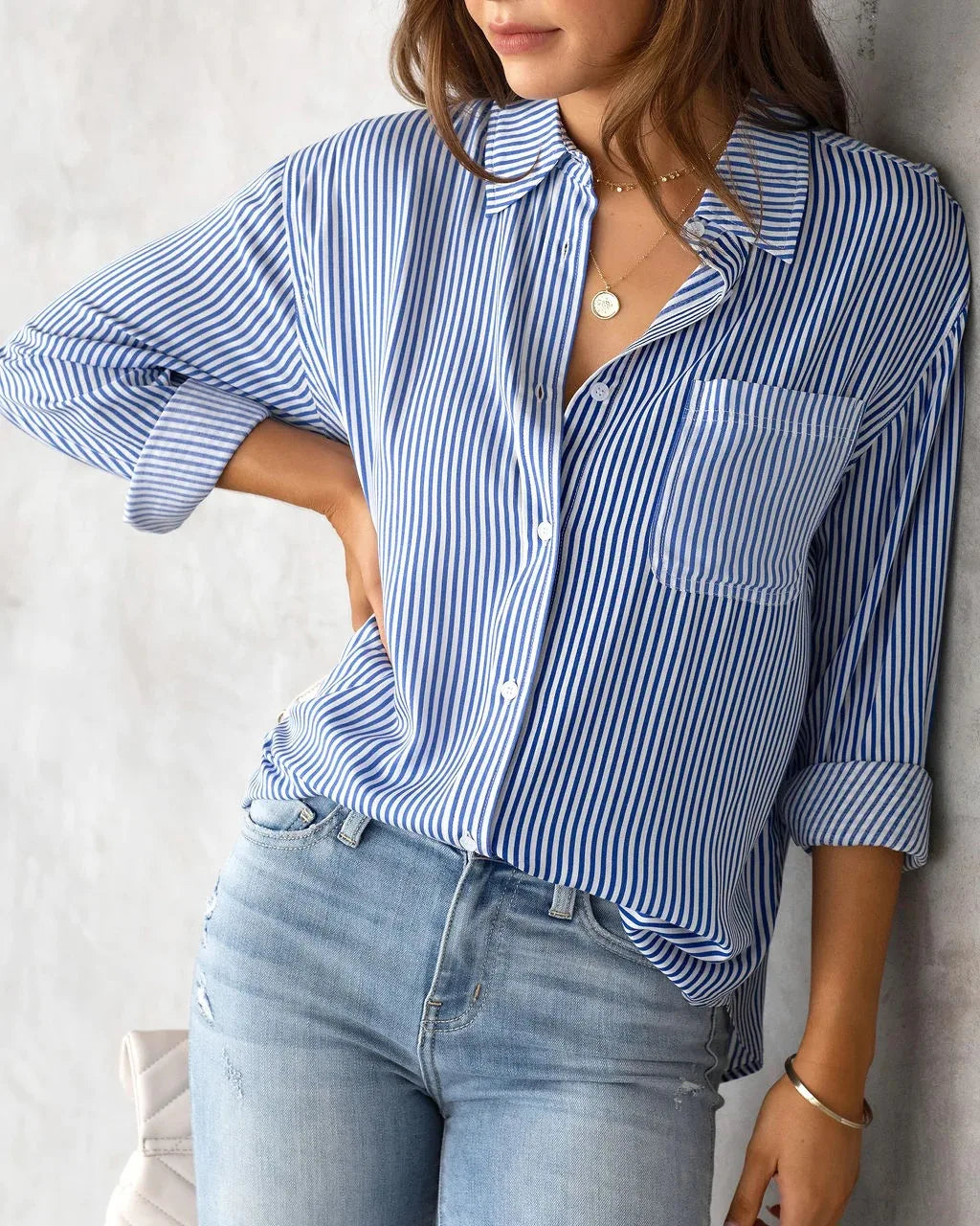 Loose Striped Women's Top, Elegant Long Sleeved Lapel Top, Oversized Cotton Casual Top, Novelty Of 2025 Shirts & Blouses Blusas