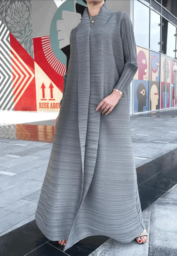 2025 Miyake Pleated abaya with Turn-down Collar, Long Sleeve, Vintage Printed Design, Plus Size