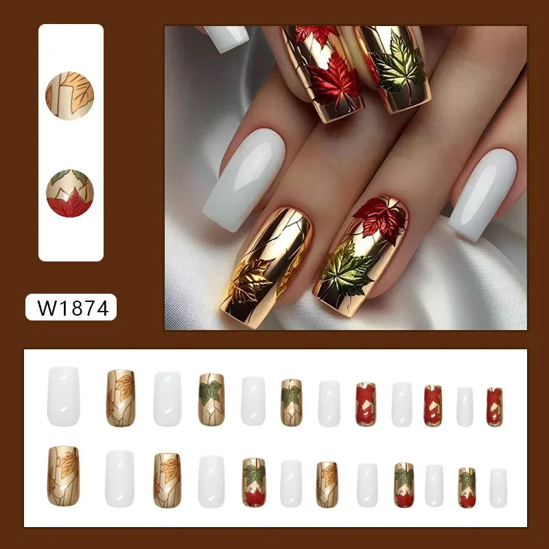 Platinum Maple Leaf Fake Nail with Jelly sticker Press on False Nails Wearable Round Head Oval Full Cover Nail Tips