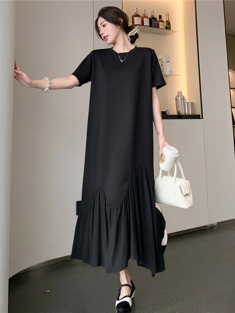 NYFS 2025 Summer New Korea Irregular Woman Dress Vestidos Robe Elbise Loose Plus Size Patchwork Short Sleeve Long Dress