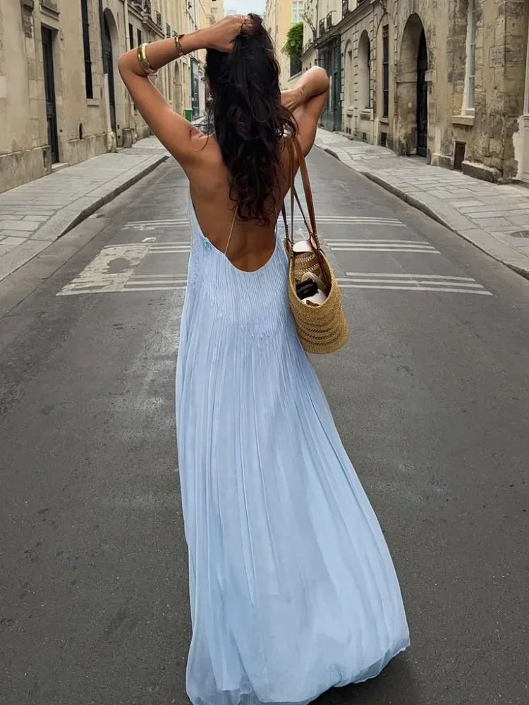 Sexy Solid Pleated Long Dress Women Elegant V Neck Sleeveless Suspender Backless Loose Robe Beach Party Ladies Maxi Gowns 2025