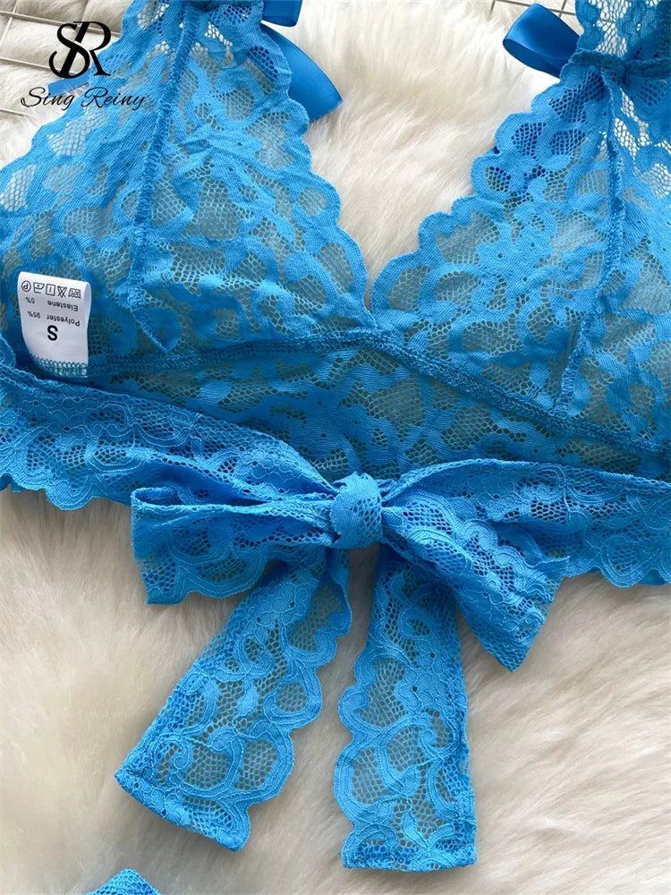 SINGREINY Lace Sheer Sexy Suits Halter V-Neck Bandage Short Tops+Mini Shorts 2024 Women Backless Bow Hotsweet Two Pieces Sets