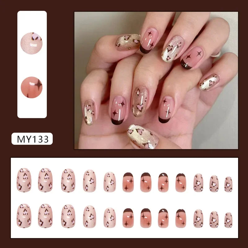 Platinum Maple Leaf Fake Nail with Jelly sticker Press on False Nails Wearable Round Head Oval Full Cover Nail Tips