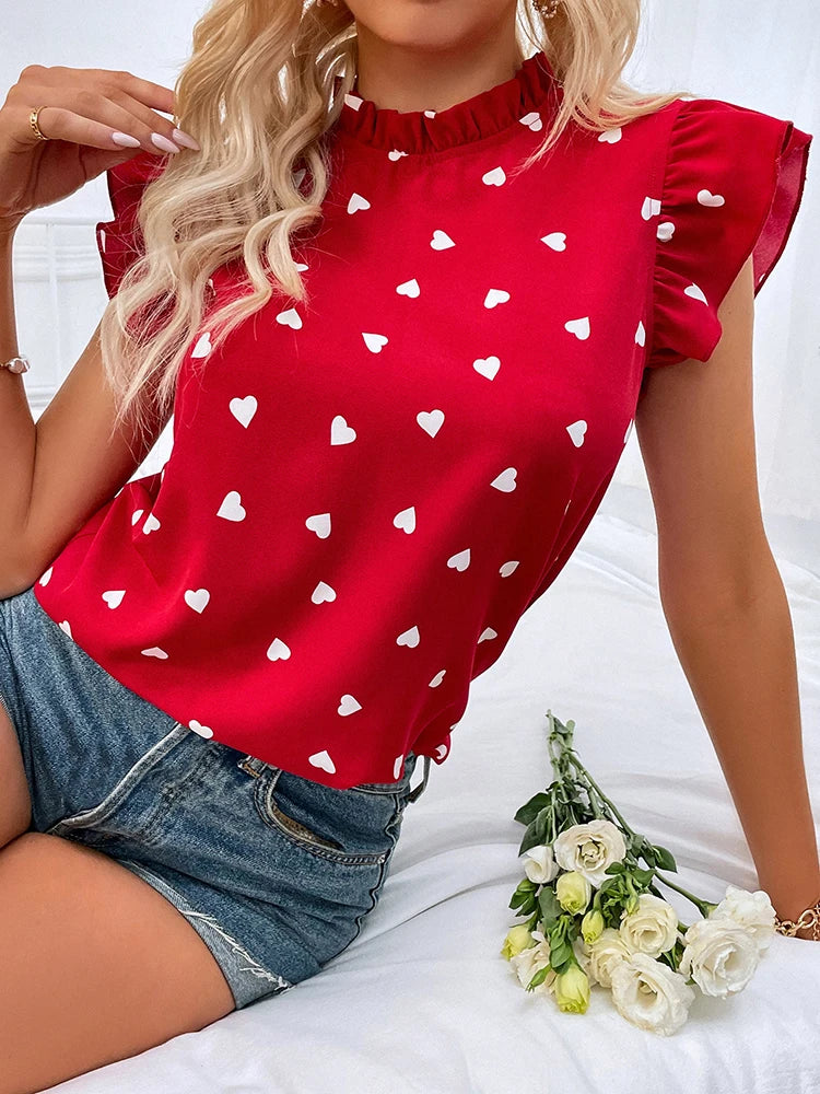 Fashion Chiffon Print Women's Shirt Casual Ruffle Short Sleeve Top Pink Chic Woman Blouse And Shirts Elegant Blouses Summer 2024