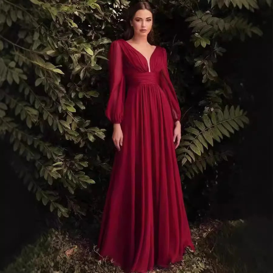 Evening Dress Long-sleeved Chiffon Sexy Temperament Deep V-edge Button Bridesmaid Skirt 2025 Spring And Summer New Fashion High