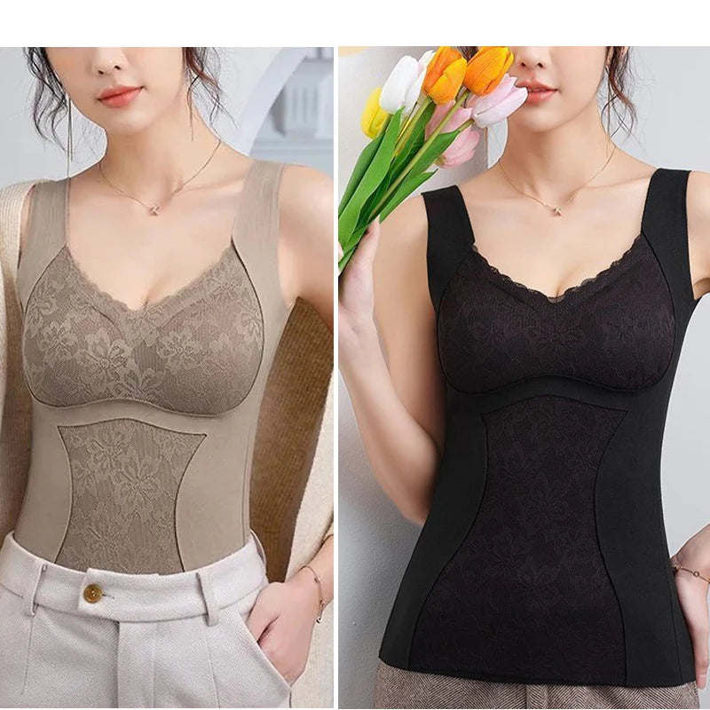 2pcs Woman Thermal Underwear Thermo Lingerie Winter Soft Warm Top Wear Thermo Vest Undershirt Intimate Lace with Bra Padded