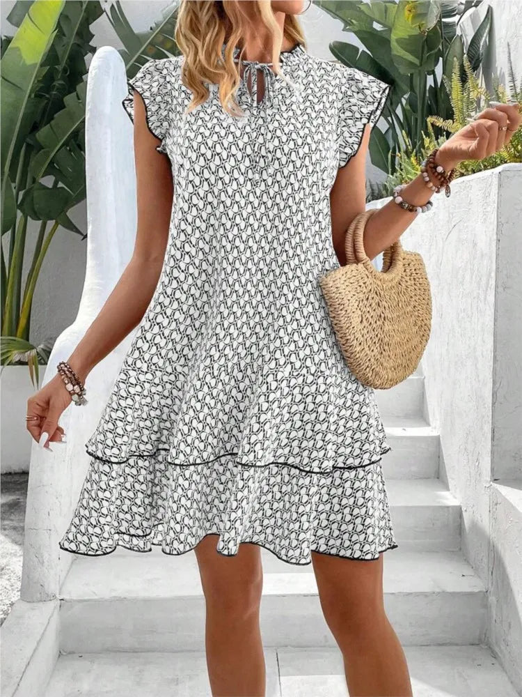 2024 Elegant Women's Casual Loose Ruffle Mini Dress Bohemian Printed V-neck Lace-up Small Flying Sleeve Dresses For Women