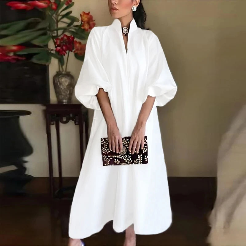 Cotton Linen Fashion Maxi Dress For Women Casual V Neck Long Sleeve White Party Dress Women Casual Half Sleeve Loose Long Dress