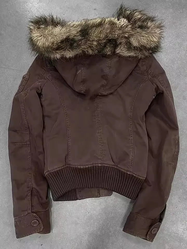 American Vintage Y2K Fur Lined Bomber Jacket Womens Brown Hooded Coat with Faux Fur Trim and Ribbed Cuffs Fashionable and Casual