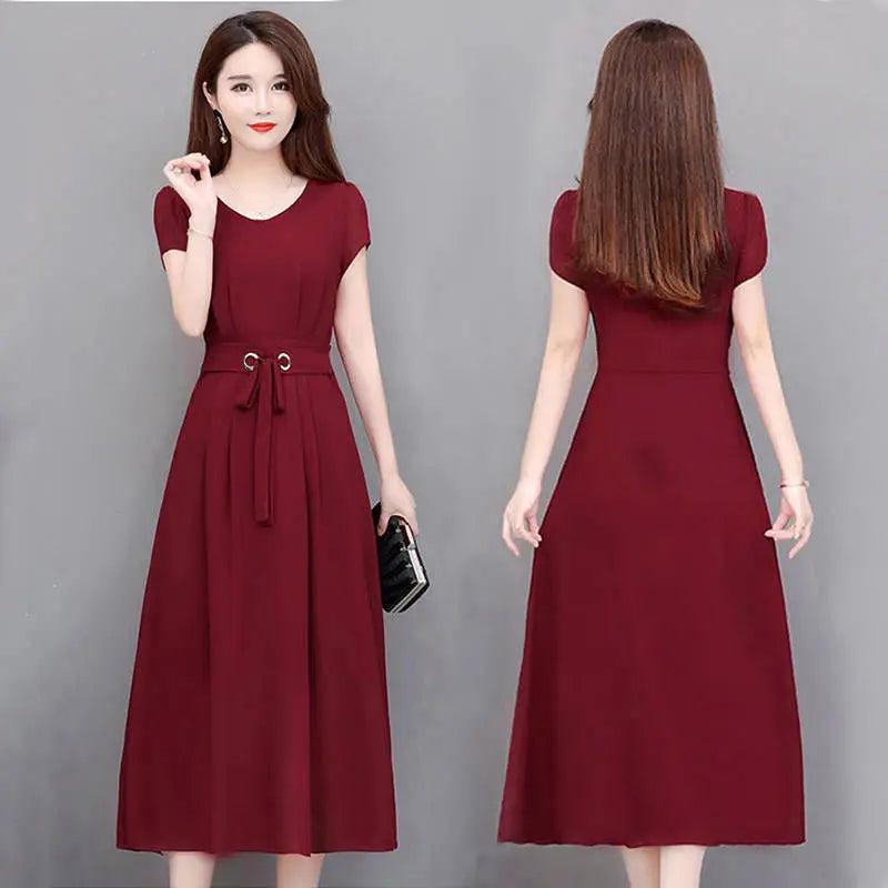 Women summer dress 2025 new short-sleeved over-the-knee belt slim figure-hugging A-line dress vestidoes clothing HTH013