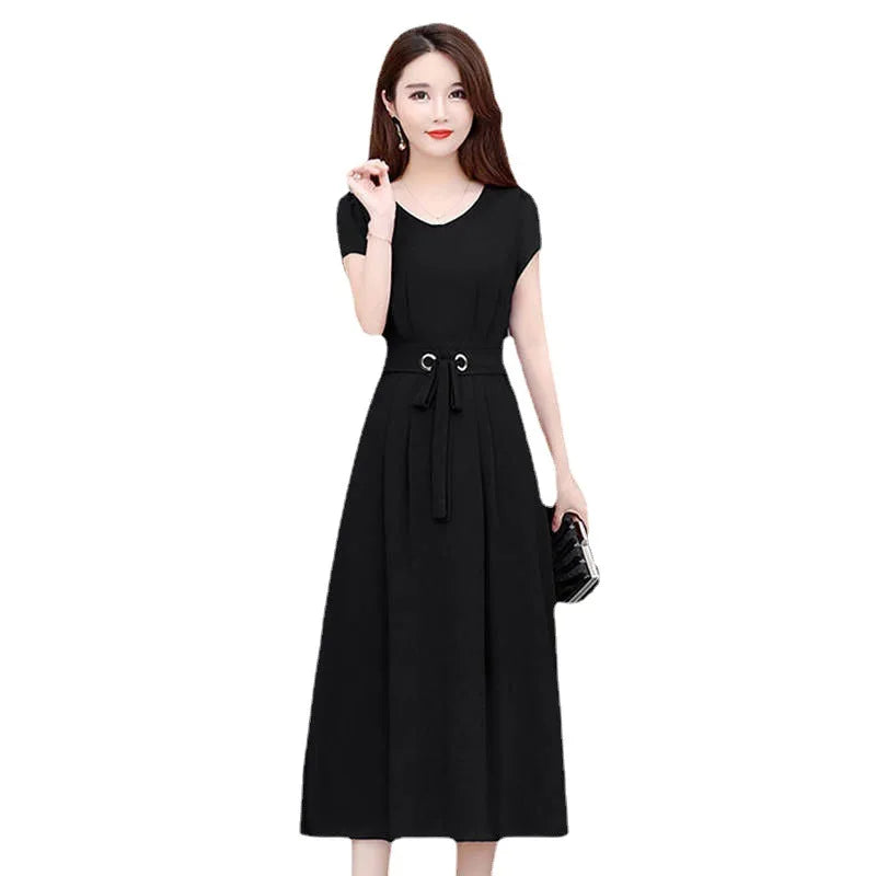 Women summer dress 2025 new short-sleeved over-the-knee belt slim figure-hugging A-line dress vestidoes clothing HTH013