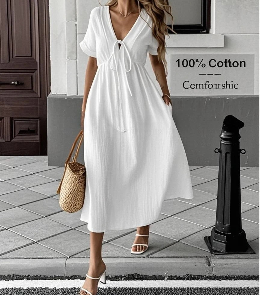 2025 New Summer Women's V-neck Pure Cotton Loose and Comfortable Long Solid Color Dress
