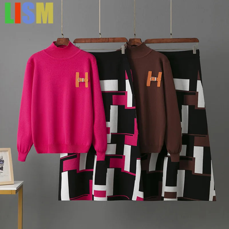 LISM winter two piece set for womam suit elegant sweater new in matching sets letter half body mid length skirt set New dress