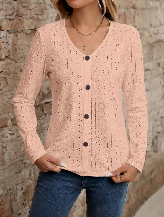 Womens Long Sleeve Tops 2023 Lace Crochet Casual Shirts Button Down V Neck Blouses Dressy Trendy Fashion Fall Clothes