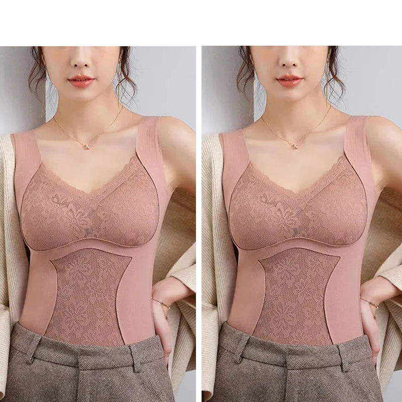 2pcs Woman Thermal Underwear Thermo Lingerie Winter Soft Warm Top Wear Thermo Vest Undershirt Intimate Lace with Bra Padded