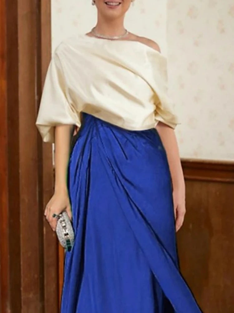 Gymystars One Shoulder Evening Dresses Women's Fashion Pleated Long Dress Summer Asymmetric Contrast Color Casual Party Dress