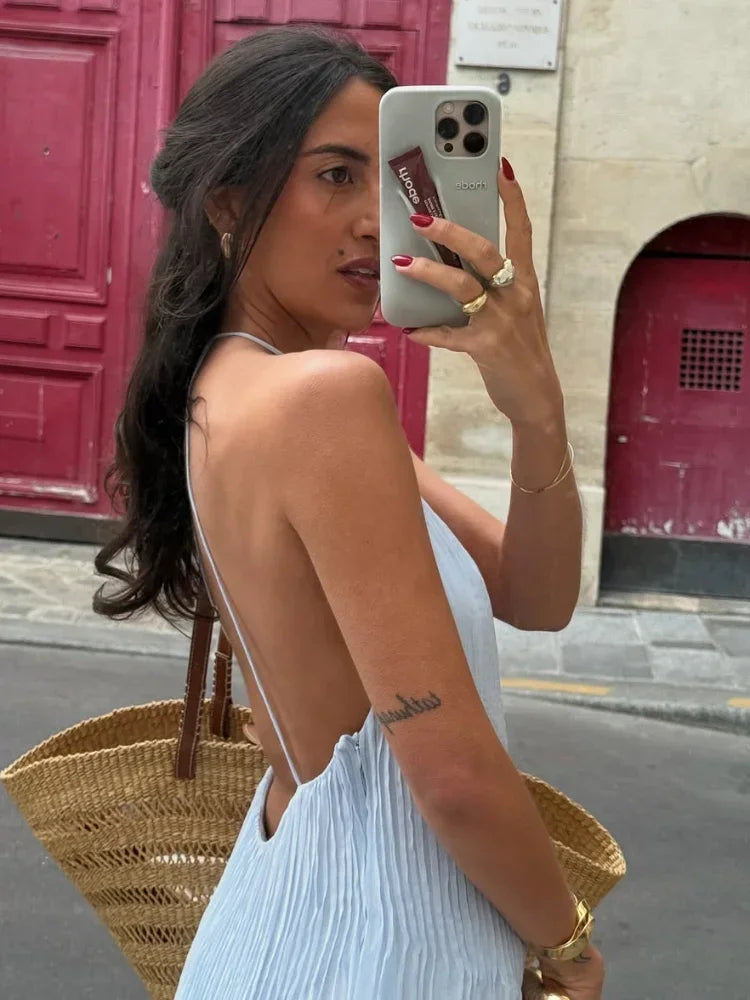 Sexy Solid Pleated Long Dress Women Elegant V Neck Sleeveless Suspender Backless Loose Robe Beach Party Ladies Maxi Gowns 2025