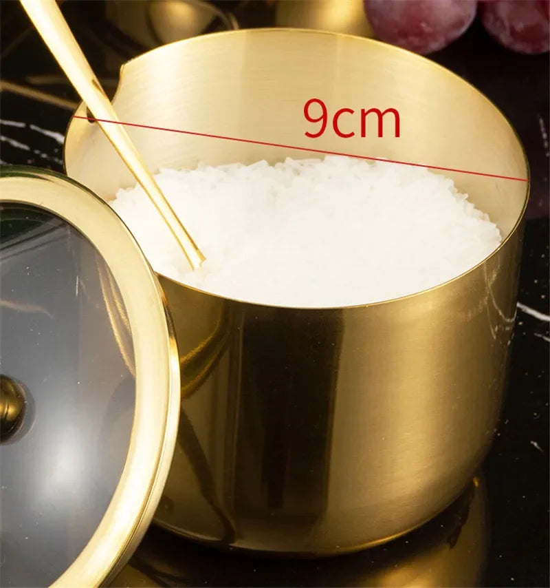 gold golden 304 Seasoning box bottle glass cap with spoon flavoring tank sauce bottle spice jar salt storage box soy sauce dish