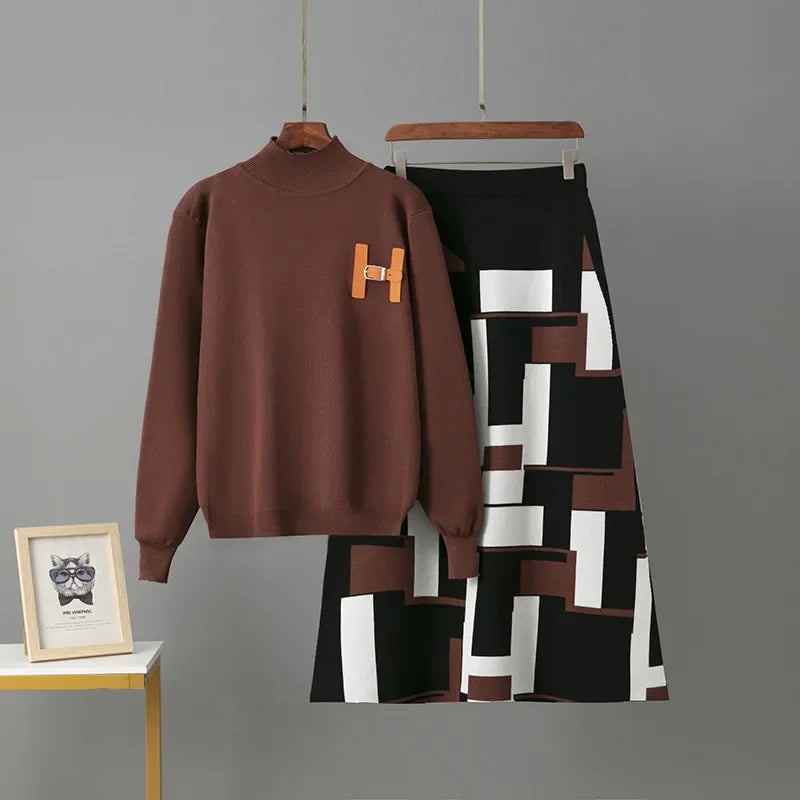 LISM winter two piece set for womam suit elegant sweater new in matching sets letter half body mid length skirt set New dress