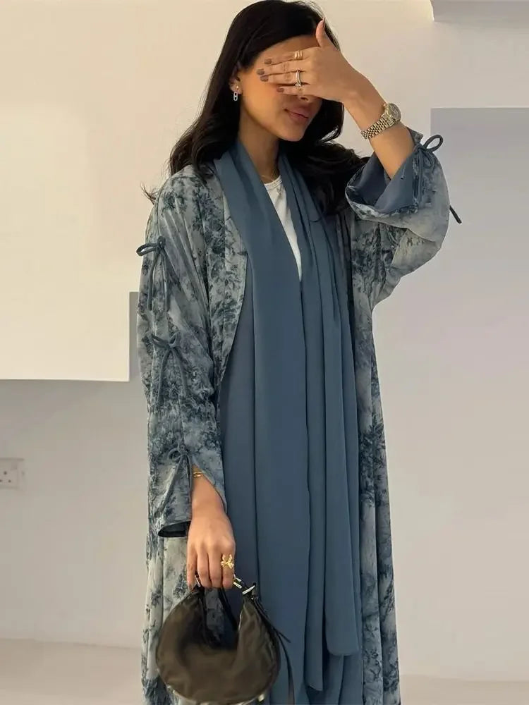 Ramadan Eid Tie Dye Butterfly Bow Muslim Modest Kimono Abaya Damen Dubai Luxury Islam Women Kebaya With Hijab Kaftan Robe Femme