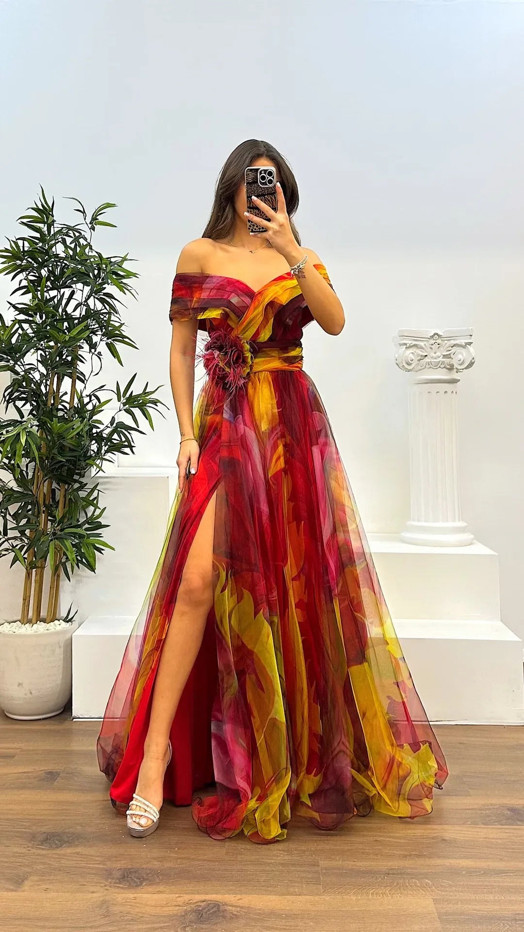Elegant Formal Party Dress Elegant Tie-dye Ball Gown with Mesh Bubble Sleeves Split Hem Women's Evening Dress
