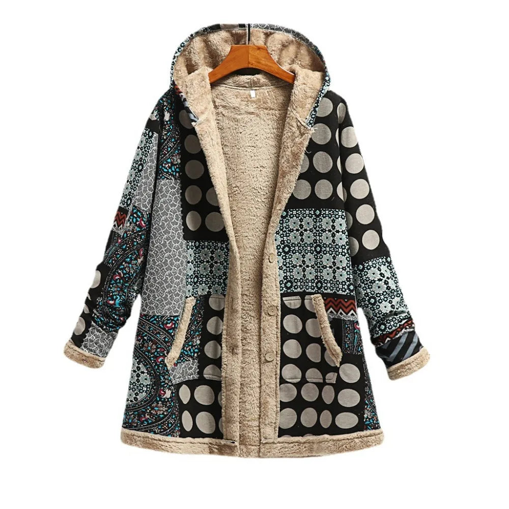 Women's Long Plush Jacket with Cotton and Linen Print Hooded Sweatshirt for Warmth, Winter New Style