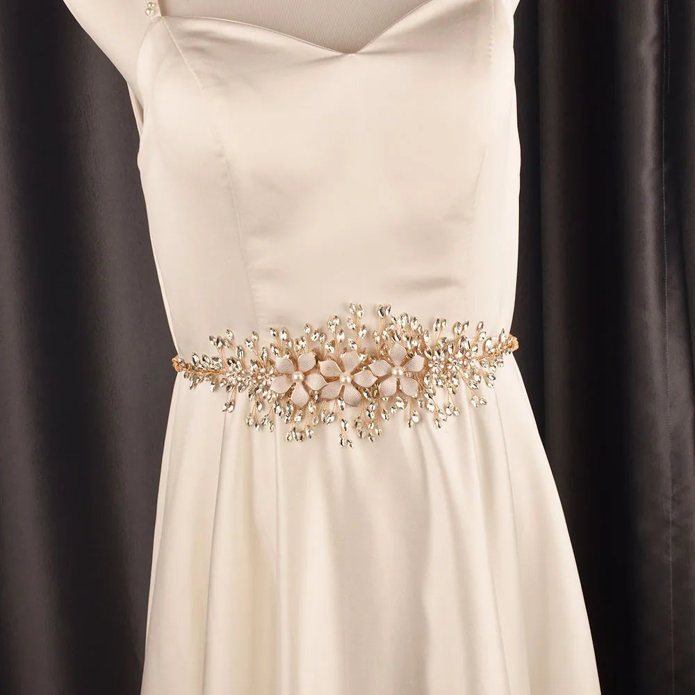 S509 Luxury Rhinestone Bridal Belt, Silver Gold Bridal Sash with White Ribbon Wedding Dresses Belt for Women, Bride, Bridesmaids