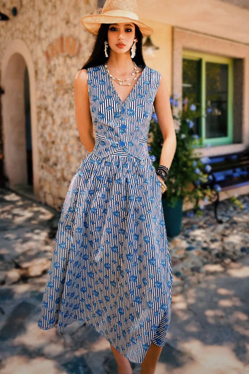 Summer Print Black White Striped Tank Women's Top Blue Rose Vest+Knee-Length A-Line Skirt Separately Y2K DABUWAWA DM2BVT002