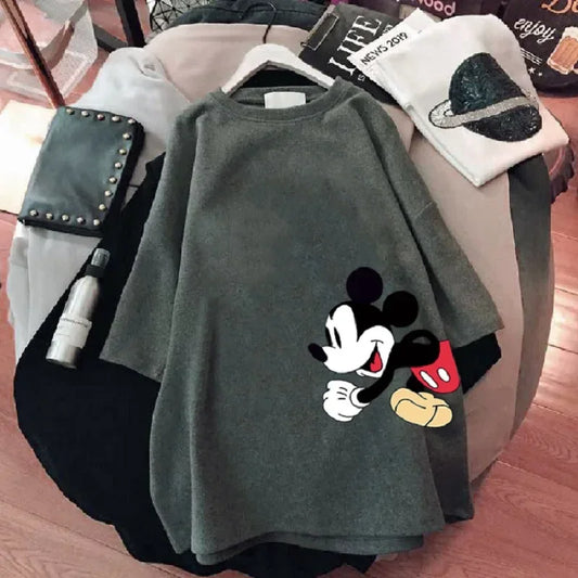 Disney Mickey Mouse T-shirt Summer Cartoon Mid-length Short-sleeved T-shirt Women's New Mickey Loose Large Size Half-sleeve Top