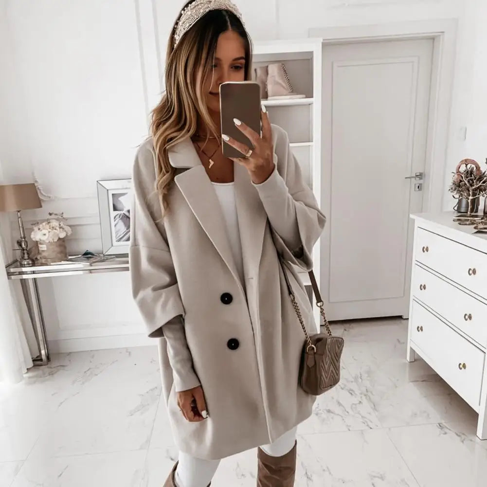 Fall Winter Women's Jacket 3/4 Long Sleeve Button Lapel Pocket Woolen Warm Jacket Coat Solid Color Thermal Fitted Cardigan Coat