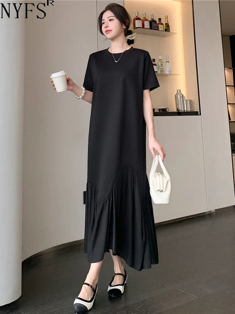 NYFS 2025 Summer New Korea Irregular Woman Dress Vestidos Robe Elbise Loose Plus Size Patchwork Short Sleeve Long Dress