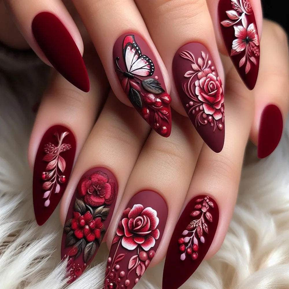 24Pcs Autumn Winter Matte Almond False Nails with Glue Rose Leaf Printing Nail Art Simple Full Cover Press on Acrylic Nails Tips