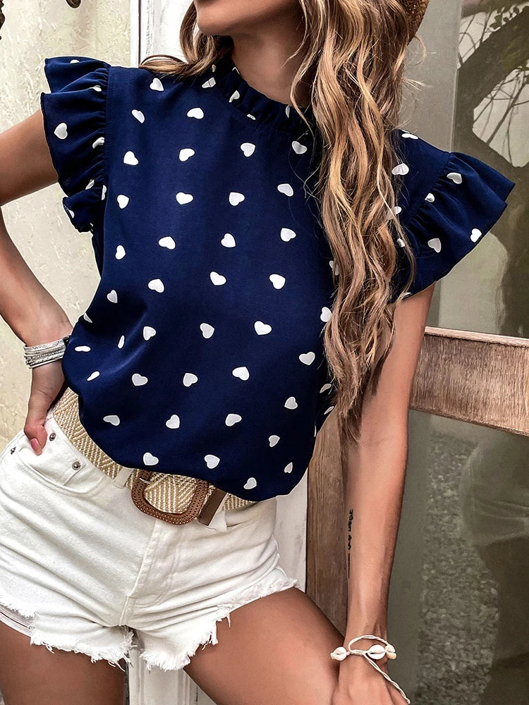 Fashion Chiffon Print Women's Shirt Casual Ruffle Short Sleeve Top Pink Chic Woman Blouse And Shirts Elegant Blouses Summer 2024