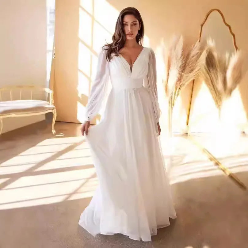 Evening Dress Long-sleeved Chiffon Sexy Temperament Deep V-edge Button Bridesmaid Skirt 2025 Spring And Summer New Fashion High