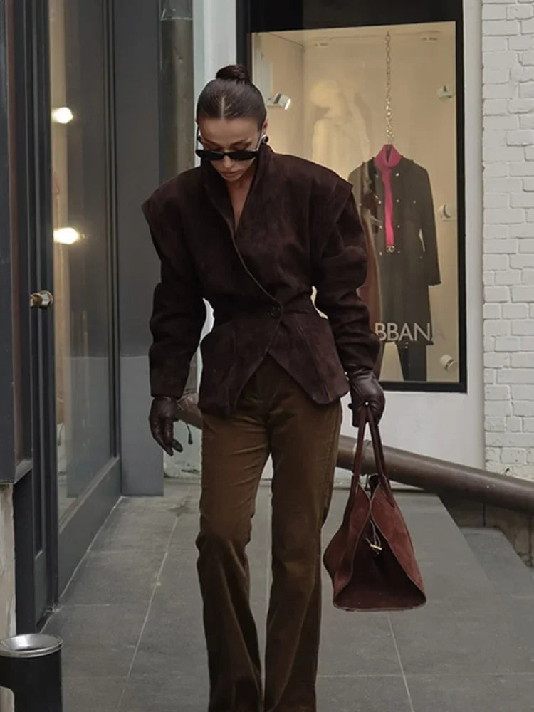 Vintage Oversized Suede Leather Jacket Women's Fashion Shoulder Pad Full Sleeve One Button Coat Lady Chic Bomber Streetwear 2025