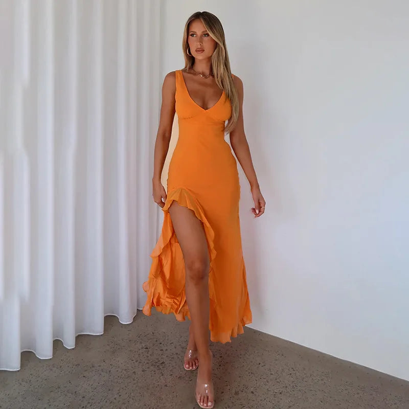 Ladies Summer Ruffle Evening Birthday Party Dress Women Sleeveless Backless Side Slit Long Dresses Clubwear Woman Clothes 2025