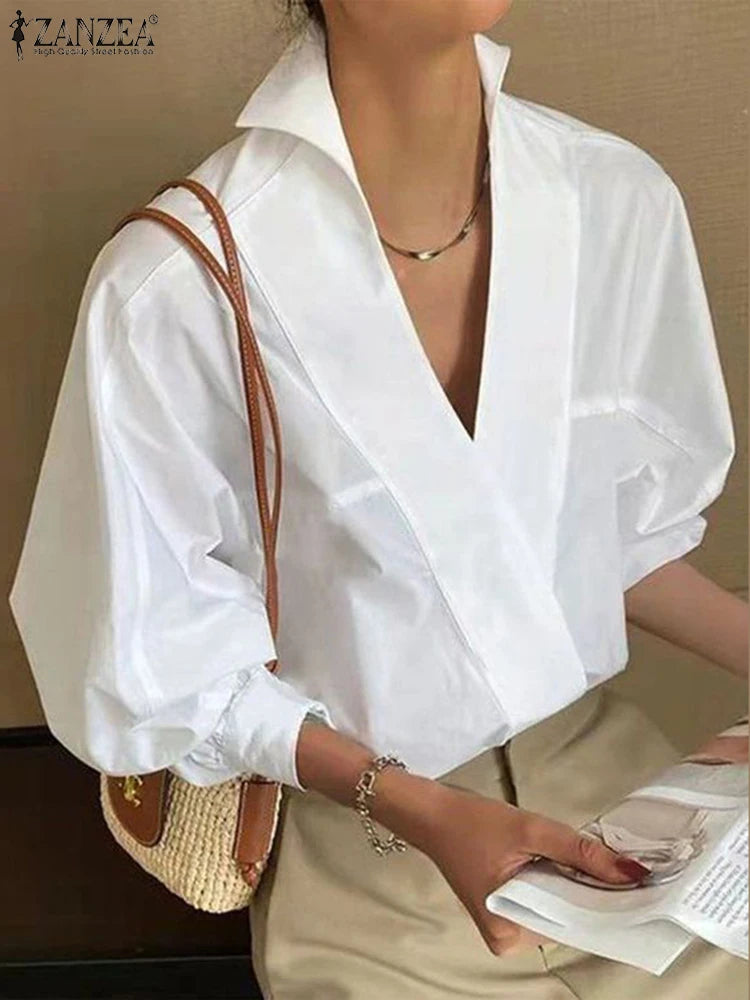 ZANZEA 2025 Summer Women Blouse Shirt Chic Sexy Stand Deep V Neck Puff Sleeve Tunic Tops Fashion Lapel Office OL White Blusas