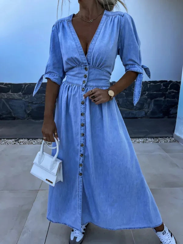 2025 Women Denim Dress Loose Fit V-Neck Short Sleeve Button Down Long Dress Solid Color Casual Jean Dress For Spring Summer