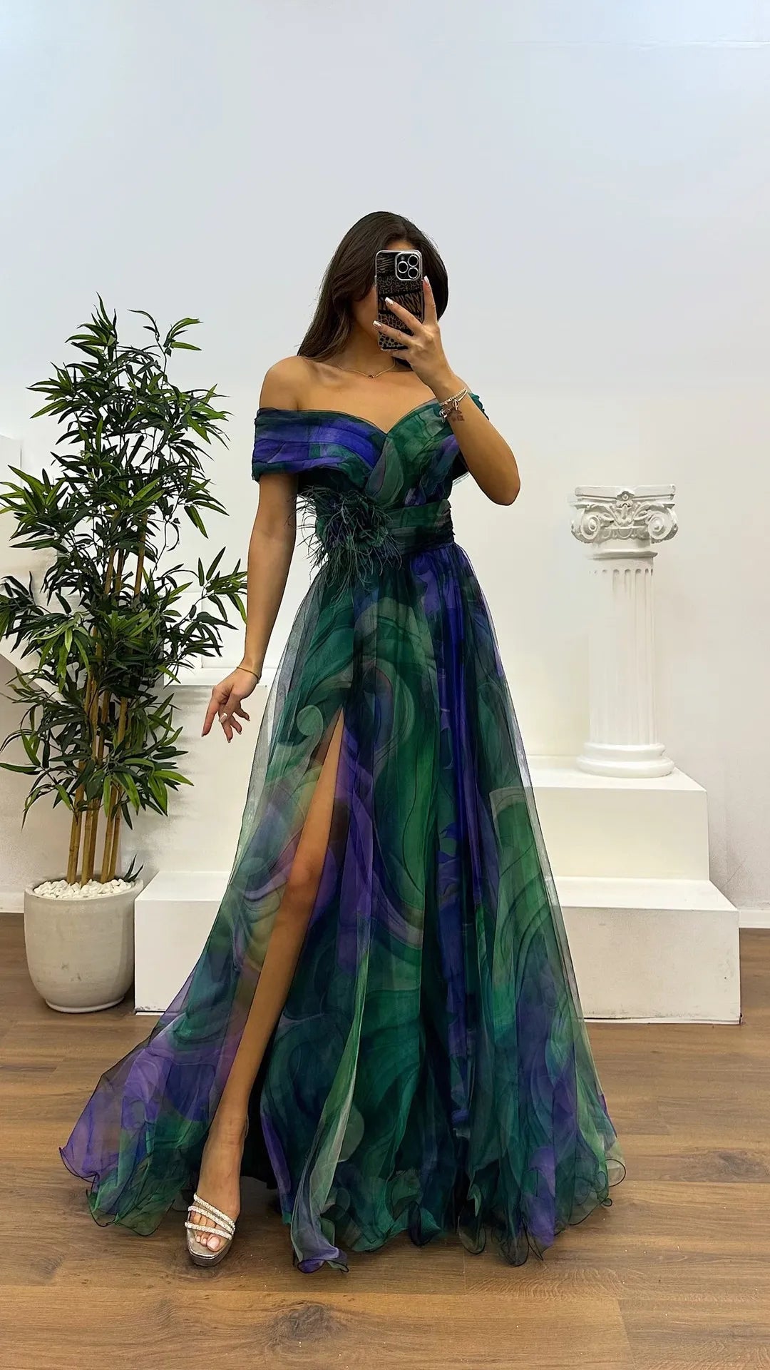 Elegant Formal Party Dress Elegant Tie-dye Ball Gown with Mesh Bubble Sleeves Split Hem Women's Evening Dress